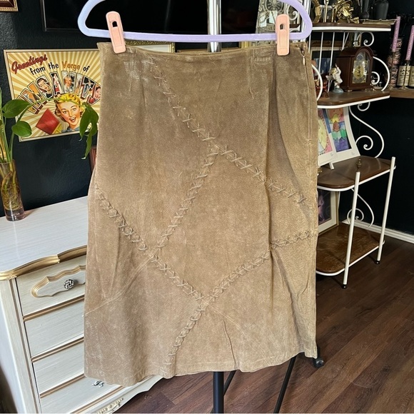 Faded Glory Dresses & Skirts - Vintage Faded Glory Asymmetrical Brown Suede Leather Skirt Patchwork Size 14